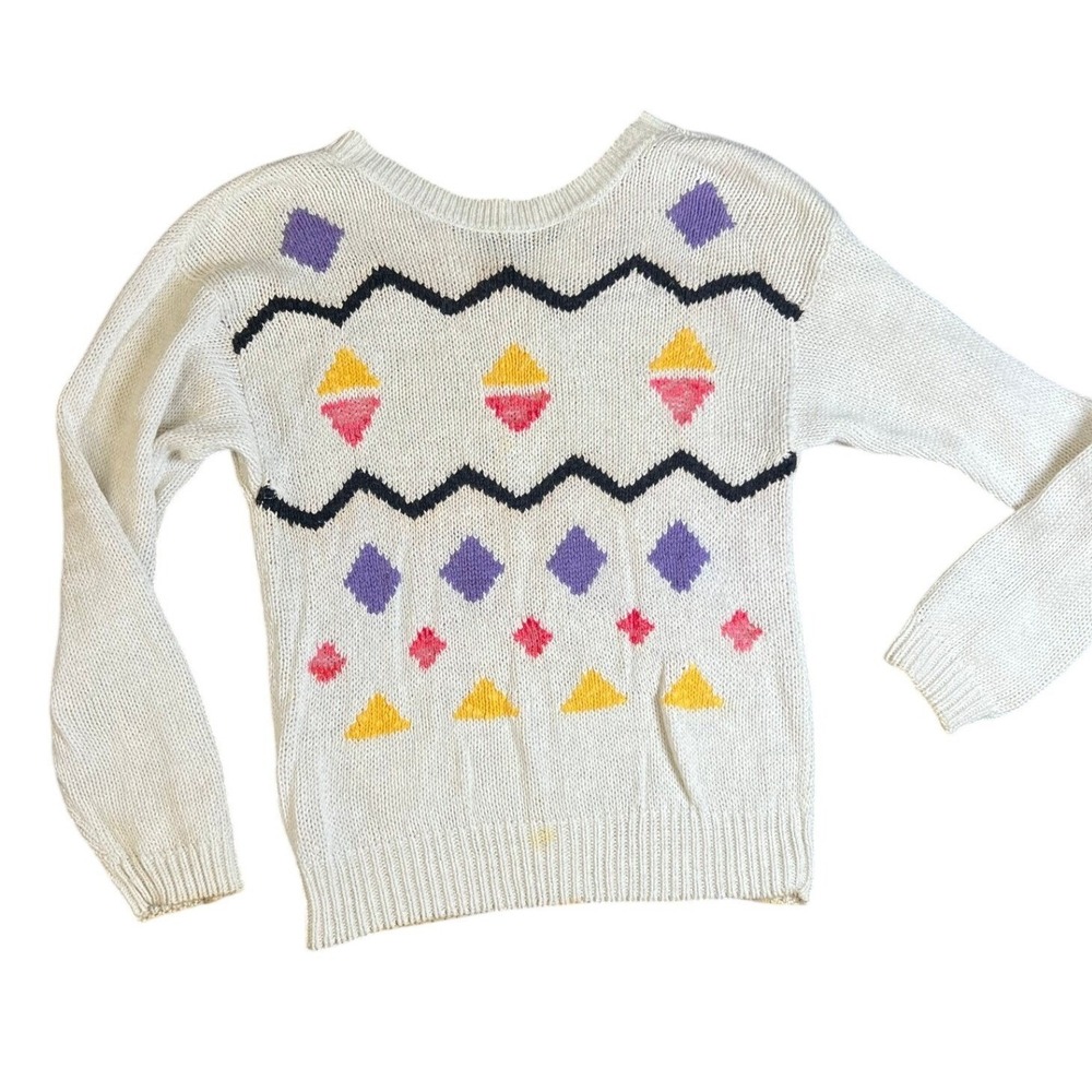 Adell Barre Womens Cream‎ Geometric Diamond Triangle Pattern Knit Sweater L